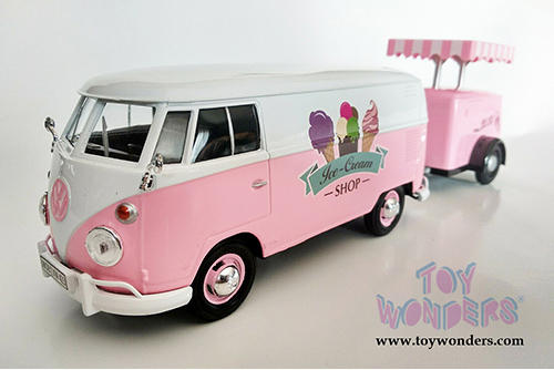 Motormax - Volkswagen Type 2 (T1) Delivery Van with Ice-Cream Trailer (1/24 scale diecast model car, Pink) 79672