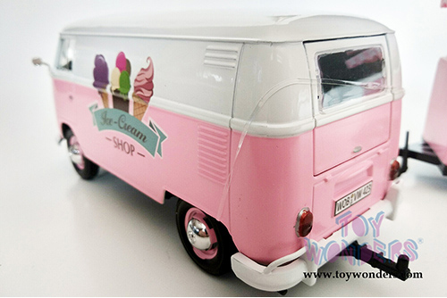 Motormax - Volkswagen Type 2 (T1) Delivery Van with Ice-Cream Trailer (1/24 scale diecast model car, Pink) 79672