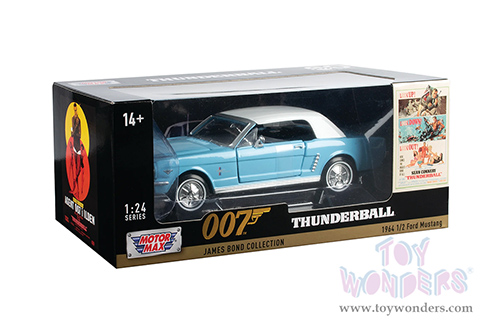 Motormax 007 James Bond Collection - Ford Mustang James Bond 007 "Thunderball" (60 years of Bond) (1964.5 1/24 scale diecast model car, Light Blue with White Top) 79855