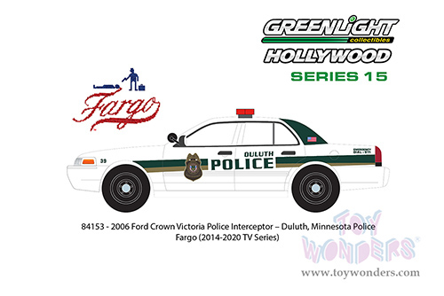 Greenlight Hollywood Series 15 | Ford Crown Victoria Police Interceptor "Duluth Police" (Minnesota) "Fargo" (2006, 1/24 scale diecast model car, White/Green) 84153