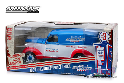 Greenlight - Running on Empty Series 3 | Chevrolet&reg; Panel Truck - YENKO sales and service (1939, 1/24 scale diecast model car, White/Blue/Red) 85041