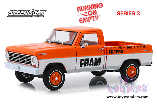 Greenlight - Running on Empty Series 3 | Ford F-100 Pickup Truck - FRAM Oil Filters (1967, 1/24 scale diecast model car, Orange/White) 85042