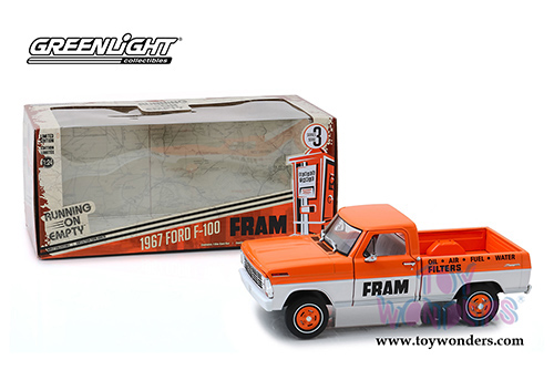 Greenlight - Running on Empty Series 3 | Ford F-100 Pickup Truck - FRAM Oil Filters (1967, 1/24 scale diecast model car, Orange/White) 85042