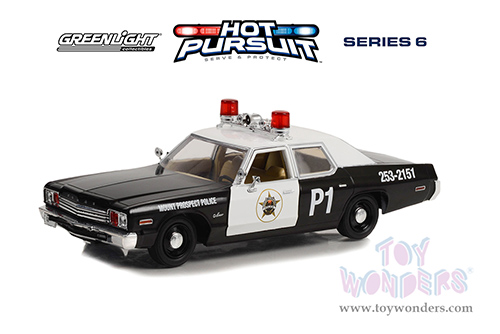 Greenlight - Dodge Monaco Mount Prospect Police Department - Hot Pursuit Series 6 (1974, 1/24 scale diecast model car, White/Black) 85561
