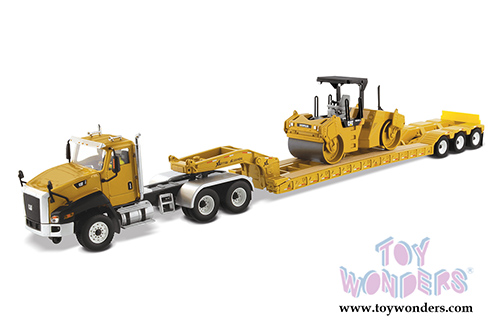 Diecast Masters - Caterpillar CT660 Day Cab with XL120 Lowboy Trailer with Operator  and CB-534D XW Vibratory Asphalt Compactor - Core Classics Series - Set of 2 (1/50 scale diecast model car, Yellow) 85601C