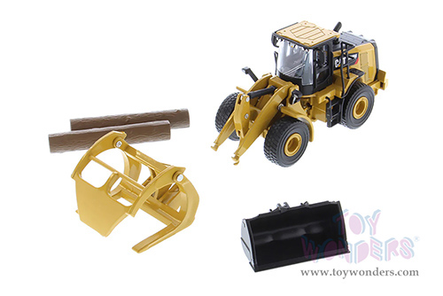 Diecast Masters - Caterpillar® 950M Wheel Loader with Log Fork and Bucket Attachment with Two Log Poles - Play & Collect! Series (1/64 scale diecast model car, Yellow) 85635 MAP: $34.99