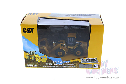 Diecast Masters - Caterpillar® 950M Wheel Loader with Log Fork and Bucket Attachment with Two Log Poles - Play & Collect! Series (1/64 scale diecast model car, Yellow) 85635 MAP: $34.99