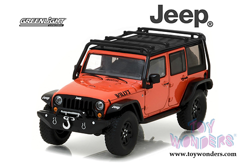 Greenlight - All Terrain Jeep Wrangler Unlimited Willy’s Wheeler Edition with Off-Road Bumpers and Roll Cage (2015, 1/43 scale diecast model car, Sunset Orange Metallic) 86088