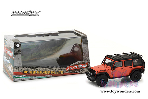 Greenlight - All Terrain Jeep Wrangler Unlimited Willy’s Wheeler Edition with Off-Road Bumpers and Roll Cage (2015, 1/43 scale diecast model car, Sunset Orange Metallic) 86088