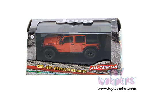 Greenlight - All Terrain Jeep Wrangler Unlimited Willy’s Wheeler Edition with Off-Road Bumpers and Roll Cage (2015, 1/43 scale diecast model car, Sunset Orange Metallic) 86088