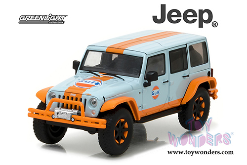 Greenlight - All Terrain Jeep Wrangler Unlimited Gulf Oil with Off-Road Bumpers (2015, 1/43 scale diecast model car, Blue w/Orange) 86089