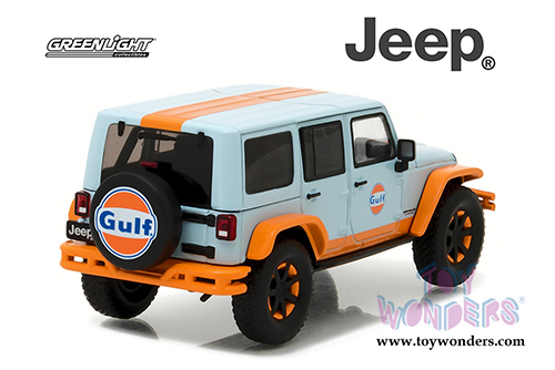 Greenlight - All Terrain Jeep Wrangler Unlimited Gulf Oil with Off-Road Bumpers (2015, 1/43 scale diecast model car, Blue w/Orange) 86089