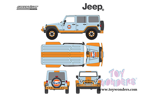 Greenlight - All Terrain Jeep Wrangler Unlimited Gulf Oil with Off-Road Bumpers (2015, 1/43 scale diecast model car, Blue w/Orange) 86089