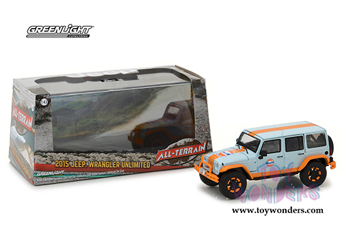 Greenlight - All Terrain Jeep Wrangler Unlimited Gulf Oil with Off-Road Bumpers (2015, 1/43 scale diecast model car, Blue w/Orange) 86089