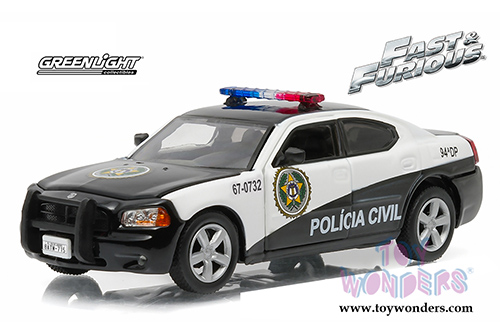 Greenlight Fast & Furious - Dodge Charger Rio Police "Policia Civil" Fast and Furious Fast Five Movie (2006, 1/43 scale diecast model car, Black/White) 86237