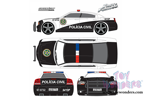 Greenlight Fast & Furious - Dodge Charger Rio Police "Policia Civil" Fast and Furious Fast Five Movie (2006, 1/43 scale diecast model car, Black/White) 86237