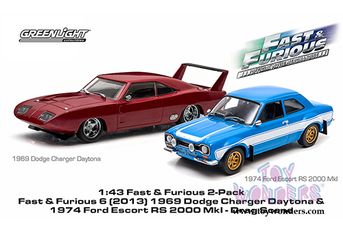Greenlight Fast & Furious - Dodge Charger Daytona and Ford Escort RS 2000 Hardtop (1969, 1974, 1/43 scale diecast model car, Red, Blue) 86251