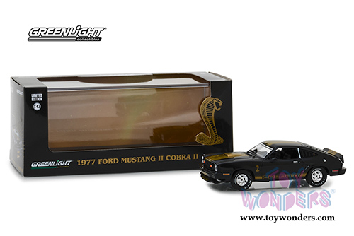 Greenlight - Ford Mustang II Cobra II Hardtop (1977, 1/43 scale diecast model car, Black w/ Gold Stripes) 86319
