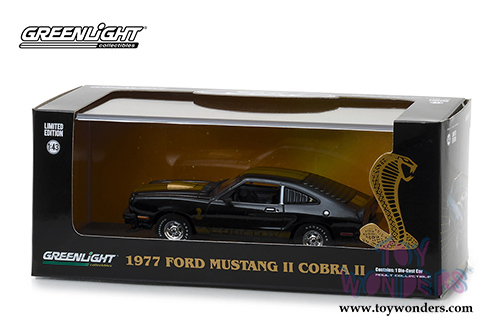 Greenlight - Ford Mustang II Cobra II Hardtop (1977, 1/43 scale diecast model car, Black w/ Gold Stripes) 86319