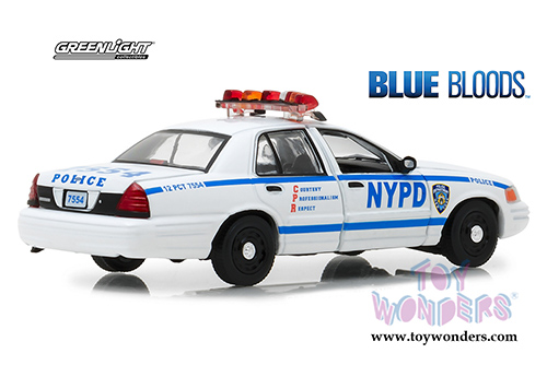 Greenlight Hollywood - Blue Bloods Ford Crown Victoria Interceptor - New York City Police Dept (NYPD) (2001, 1/43 scale diecast model car, White/Blue) 86519