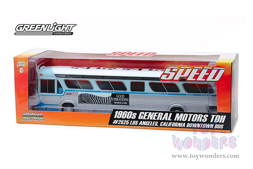 Greenlight Hollywood - 1960s General Motors TDH #2525 Los Angeles, California Downtown Bus - Speed (1994 movie) (1985, 1/43 scale diecast model car, Light Blue/Light Gray) 86544