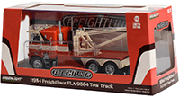 Show product details for  Greenlight - Freightliner FLA 9664 Tow Truck (1984, 1/43 scale diecast model car, Orange/White/Brown) 86631