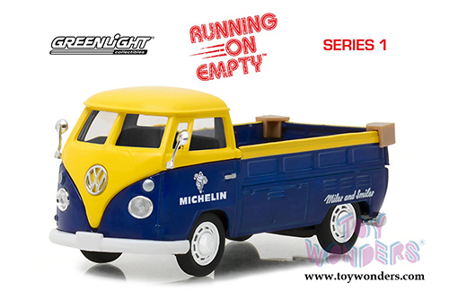 Greenlight - Running on Empty Series 1 | Volkswagen Type 2 (T1) Pickup Truck - Michelin Tires (1/43 scale diecast model car, Blue/Yellow) 87010E/24