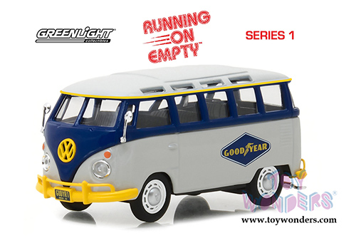 Greenlight - Running on Empty Series 1 | Volkswagen Type 2 (T1) Samba Bus - Goodyear Tires (1/43 scale diecast model car, Blue/Gray) 87010F/24