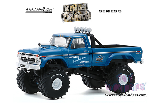 Greenlight - Kings of Crunch Series 3 | Ford F-250 Monster Truck (with 48-Inch Tires) Midwest Four Wheel Drive & Performance Center (1974, 1/43 scale diecast model car, Blue) 88031