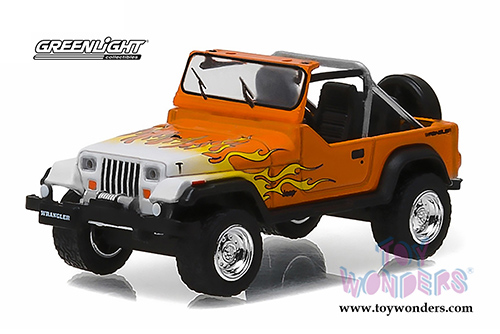 Greenlight - Motor World Series 17 | Jeep&reg; Wrangler (1991, 1/64 scale diecast model car, Orange with Yellow flames) 96170D/48