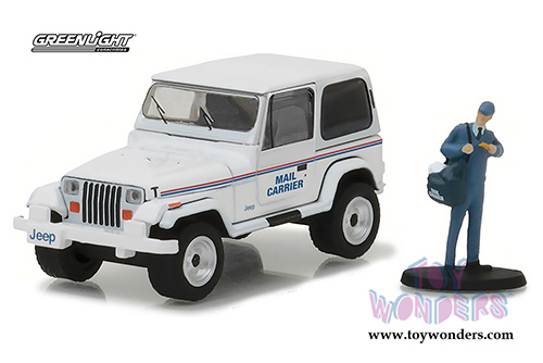 Greenlight - The Hobbie Shop Series 1 | Jeep&reg; Wrangler YJ USPS with USPS Mail Carrier (1991, 1/64 scale diecast model car, White) 97010D/48