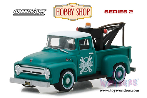 Greenlight - The Hobby Shop Series 2 | Ford F-100 Green with Drop-in Tow Hook Truck (1956, 1/64 scale diecast model car, Green) 97020A/48