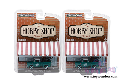 Greenlight - The Hobby Shop Series 2 | Ford F-100 Green with Drop-in Tow Hook Truck (1956, 1/64 scale diecast model car, Green) 97020A/48