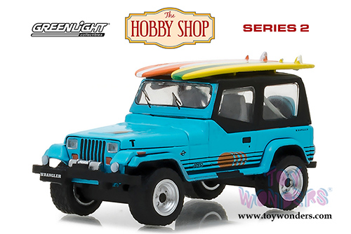 Greenlight - The Hobby Shop Series 2 | Jeep Wrangler YJ with Surfboard (1987, 1/64 scale diecast model car, Blue) 97020C/48
