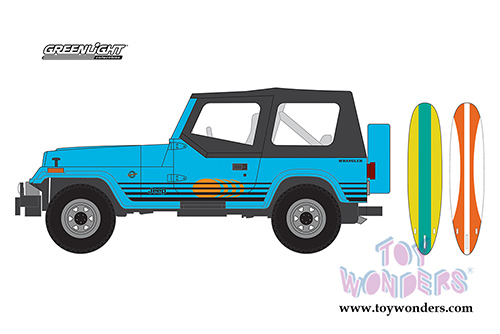 Greenlight - The Hobby Shop Series 2 | Jeep Wrangler YJ with Surfboard (1987, 1/64 scale diecast model car, Blue) 97020C/48