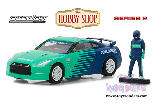Greenlight - The Hobby Shop Series 2 | Nissan GT-R with Race Car Driver - Falken Tires (2015, 1/64 scale diecast model car, Green/Blue) 97020D/48