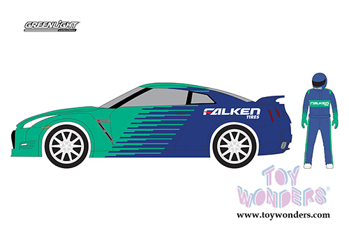 Greenlight - The Hobby Shop Series 2 | Nissan GT-R with Race Car Driver - Falken Tires (2015, 1/64 scale diecast model car, Green/Blue) 97020D/48