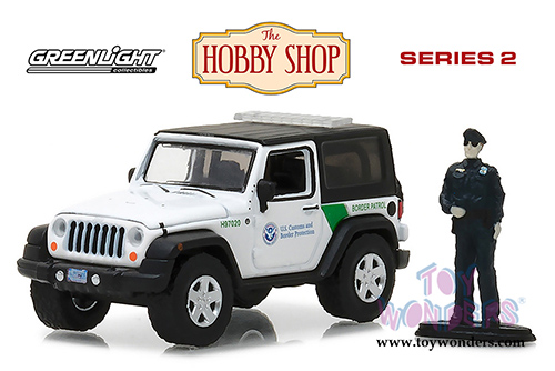 Greenlight - The Hobby Shop Series 2 | Jeep Wrangler US Customs and Border Protection with Officer Figure (2016, 1/64 scale diecast model car, White) 97020E/48