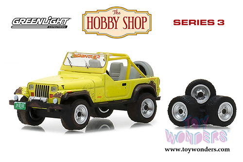 Greenlight - The Hobby Shop Series 3 | Jeep&reg; Wrangler YJ with Wheel and Tire Set (1991, 1/64 scale diecast model car, Yellow) 97030D/48
