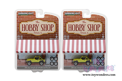 Greenlight - The Hobby Shop Series 3 | Jeep&reg; Wrangler YJ with Wheel and Tire Set (1991, 1/64 scale diecast model car, Yellow) 97030D/48