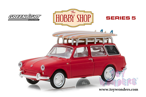 Greenlight - The Hobby Shop Series 5 | Volkswagen Type-3 Squareback with Roof Rack and Surfboards (1962, 1/64 scale diecast model car, Red) 97050A/48