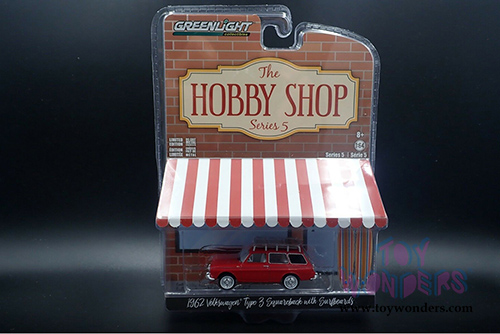 Greenlight - The Hobby Shop Series 5 | Volkswagen Type-3 Squareback with Roof Rack and Surfboards (1962, 1/64 scale diecast model car, Red) 97050A/48