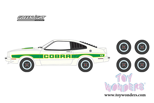Greenlight - The Hobby Shop Series 5 | Ford Mustang II Cobra II and Spare Tires (1978, 1/64 scale diecast model car, White/Green) 97050E/48