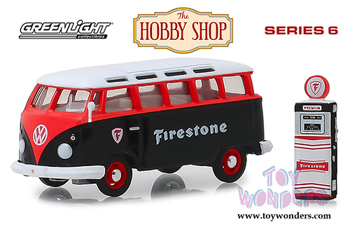 Greenlight - The Hobby Shop Series 6 | Volkswagen Samba Bus with Firestone Gas Pump (1964, 1/64 scale diecast model car, Red/Black) 97060A/48