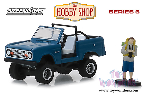 Greenlight - The Hobby Shop Series 6 | Ford Bronco (Doors Removed) with Backpacker (1967, 1/64 scale diecast model car, Dark Blue) 97060B/48