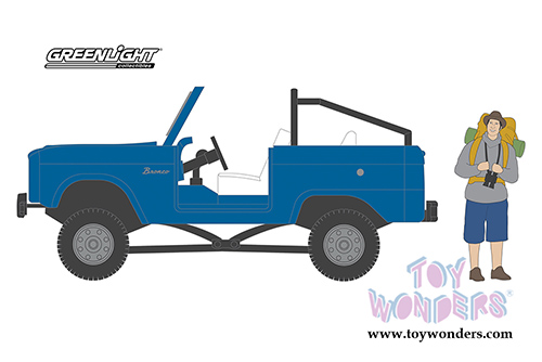 Greenlight - The Hobby Shop Series 6 | Ford Bronco (Doors Removed) with Backpacker (1967, 1/64 scale diecast model car, Dark Blue) 97060B/48