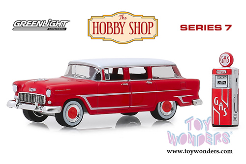 Greenlight - The Hobby Shop Series 7 | Chevrolet&reg; Two-Ten Townsman with Vintage Gas Pump (1955, 1/64 scale diecast model car, Red) 97070A/48