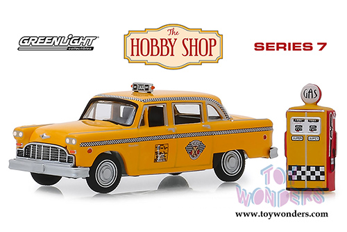 Greenlight - The Hobby Shop Series 7 | Checker Motors Marathon A11 Taxi with Vintage Gas Pump (1978, 1/64 scale diecast model car, Yellow) 97070E/48