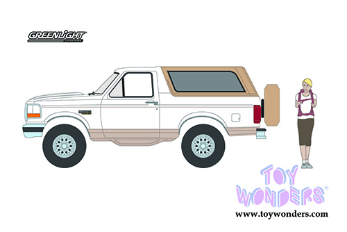 Greenlight - The Hobby Shop Series 10 | Ford Bronco Eddie Bauer with Backpacker (1996, 1/64 scale diecast model car, Oxford White/Light Saddle) 97100F/48