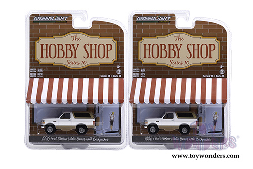 Greenlight - The Hobby Shop Series 10 | Ford Bronco Eddie Bauer with Backpacker (1996, 1/64 scale diecast model car, Oxford White/Light Saddle) 97100F/48